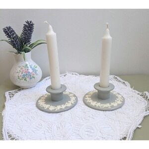 Vintage Wedgwood Jasperware Candlestick Holders Pair,Embossed Queensware